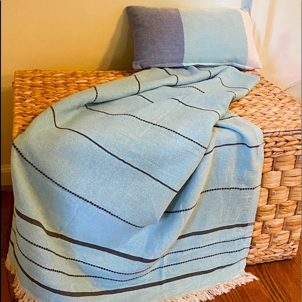 Organic Cotton Throw Blanket Water Green Black Minimal Stripe Boho Coastal Set 2